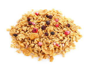 Pile of tasty granola with dried berries isolated on white