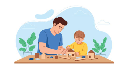 Adobe illustrator artwork vector illustration. Father and son building with wooden blocks, a heartwarming scene of creative play, learning, and bonding time