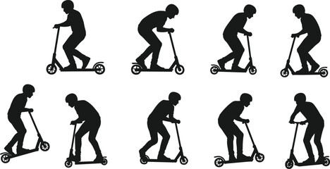 Obraz premium Silhouette men riding scooters, black scooter riders performing tricks, urban mobility illustration, electric scooter activity, modern transportation concept, white background