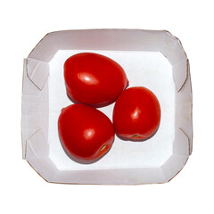 Tomatoes in a cardboard box on a white background.Ripe red tomatoes.Tomatoes from the garden.Tomatoes background.