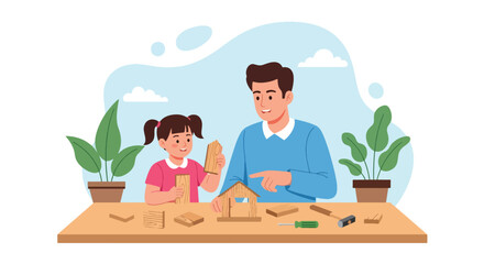 Adobe illustrator artwork vector illustration. Father and son building with wooden blocks, a heartwarming scene of creative play, learning, and bonding time