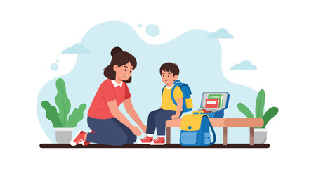 Adobe illustrator artwork vector illustration. Mother tying her son's shoelaces before school, a tender moment of care and preparation for the day ahead