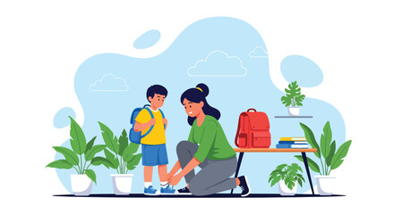 Adobe illustrator artwork vector illustration. Mother tying her son's shoelaces before school, a tender moment of care and preparation for the day ahead