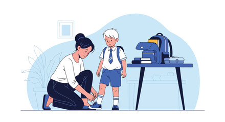 Adobe illustrator artwork vector illustration. Mother tying her son's shoelaces before school, a tender moment of care and preparation for the day ahead