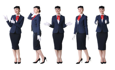 Stewardess in uniform on white background, collection of portraits