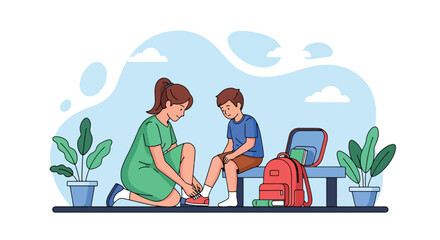Adobe illustrator artwork vector illustration. Mother tying her son's shoelaces before school, a tender moment of care and preparation for the day ahead