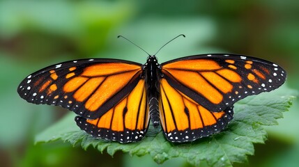 Naklejka premium Detailed closeup captures vibrant orange and black winged insect resting upon a lush green leaf