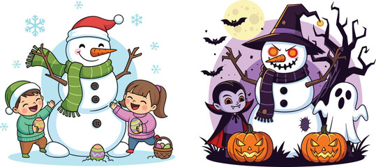 Snowman comparison, winter joy, spooky Halloween, festive children, glowing eyes, bats, pumpkins, moonlight, decoration basket, seasonal contrast, eerie celebration