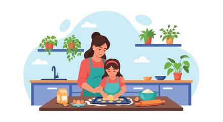Adobe illustrator artwork vector illustration. Mother and daughter baking cookies together in the kitchen, a heartwarming scene of family fun and culinary learning