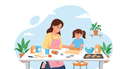 Adobe illustrator artwork vector illustration. Mother and daughter baking cookies together in the kitchen, a heartwarming scene of family fun and culinary learning