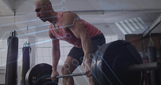 Gripping barbell athlete performing deadlift and row in training with circuit overlay marking form