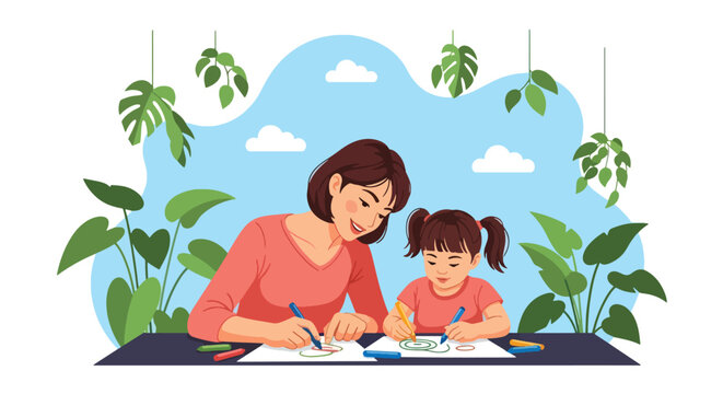 Adobe illustrator artwork vector illustration. Mother and daughter happily drawing together, fostering creativity and bonding. Ideal for family, education, and childhood themes