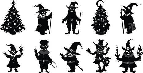 Spooky Halloween witch characters and Christmas tree silhouettes, creepy wizards, festive horror costume design, dark gothic fantasy vector illustration