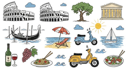 Charming Hand-Drawn Italian Travel Icons Collection Explore Famous Landmarks, Delicious Cuisine, and Classic Transport Symbols © Avra