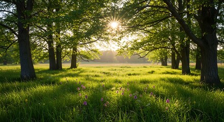 Sunlit Meadow - A Serene Landscape with Trees and Lush Green Grass.