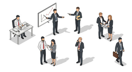 Business professionals collaborating and presenting in an office setting, conveying teamwork and strategy