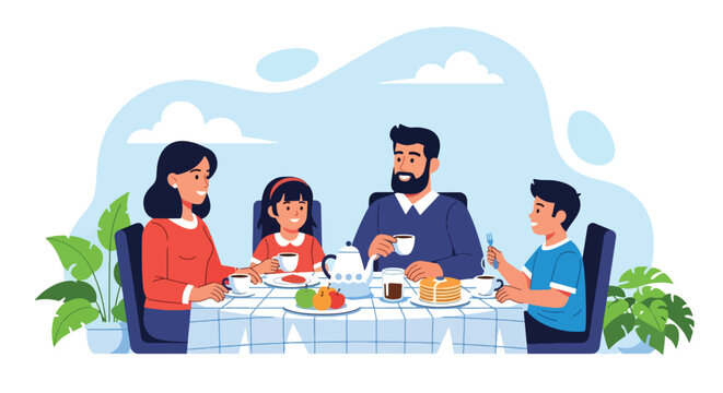 Adobe illustrator artwork vector illustration. Happy family enjoying breakfast together on a cozy balcony, perfect for lifestyle and parenthood themes - Powered by Adobe