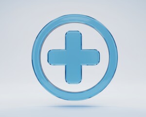 Fototapeta premium Three dimensional glossy blue plus sign icon enclosed in a circle floats above a light surface