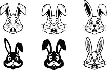 Surprised rabbit icons, cartoon bunny faces, shocked expressions, black silhouette, abstract style, vector illustration, animal emotions, cute design, character art