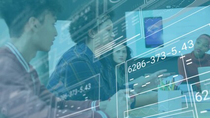 Team leader leaning forward explaining tech data at table, animating schematics, passing smartphone - Powered by Adobe