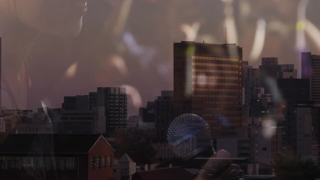 singer performing on stage initiating blending of performance and urban skyline in music montage