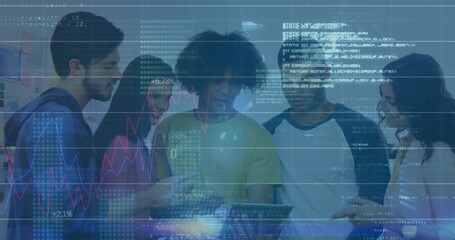 Team tapping tablet and revealing augmented reality charts while working on tech project analysis - Powered by Adobe