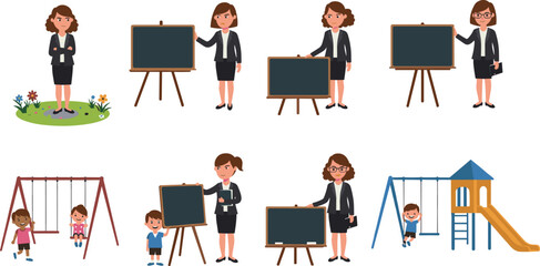 Teacher explaining on blackboard, kids playing on swing, children outdoor playground, school education concept, classroom learning, fun activity vector