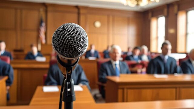 Courtroom Microphone Focus with Judges and Lawyers Present