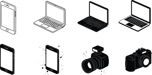 Technology devices illustration, smartphone and laptop icons, modern digital gadgets, camera equipment, electronic design, tech communication, photography tools, creative vector set