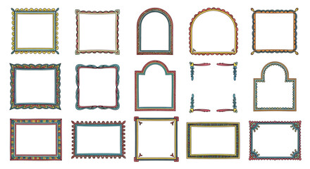 A colorful set of hand-drawn decorative frames with ethnic and folk art patterns. Collection of isolated vector borders for design elements