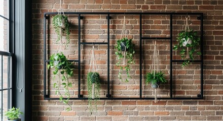 Vertical garden with hanging plants on a brick wall interior