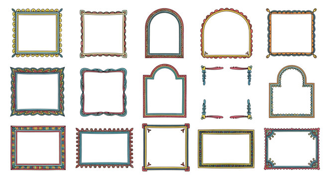 A colorful set of hand-drawn decorative frames with ethnic and folk art patterns. Collection of isolated vector borders for design elements