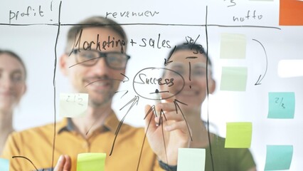 Business people team brainstorming strategic goals, mapping innovative concepts on transparent whiteboard with colorful sticky notes and black marker in modern office