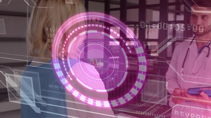 Nurse reacting to footsteps while doctor entering and pointing at medical hologram reviewing data - Powered by Adobe