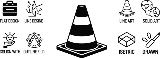Traffic cone vector illustration, flat design and line art styles, construction safety symbol, road sign, solid and outline filled icon