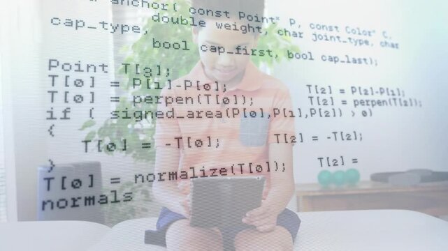 Boy tapping tablet and exploring IT code overlays showing HTTP request computing shape parsing data