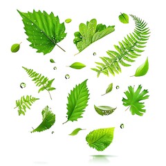 Collection of assorted green leaves, ferns, and droplets floating on white. Vibrant, lush, and diverse. Ideal for nature-themed designs, packaging, or seasonal campaigns.

