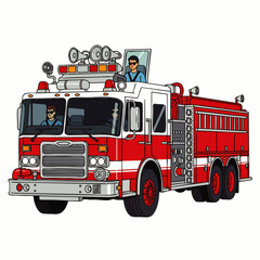 A vibrant illustration of a classic red and white fire engine, complete with firefighters, ready to respond to an emergency situation.