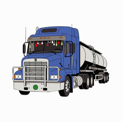 A vibrant illustration of a blue semi-truck with a tanker trailer, ideal for transport and delivery concepts, set against a clean white background.