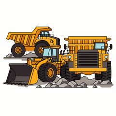 Obraz premium Illustration of heavy construction vehicles, including a dump truck and a front-end loader, ready for mining or earthmoving tasks.