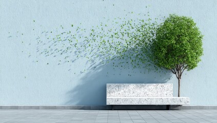 Tree's leaves scatter in wind next to a modern bench.