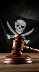 Wooden gavel and jolly roger flag highlight justice conflict with piracy theme