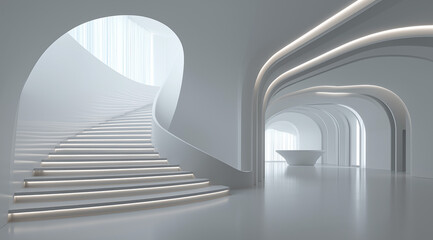 Futuristic interior with curved walls and illuminated staircase design