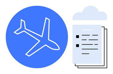 Airplane inside a blue circle with overlapping documents and a cloud in the background. Ideal for travel, aviation, logistics, documentation, planning, business, cloud storage. Simple flat metaphor