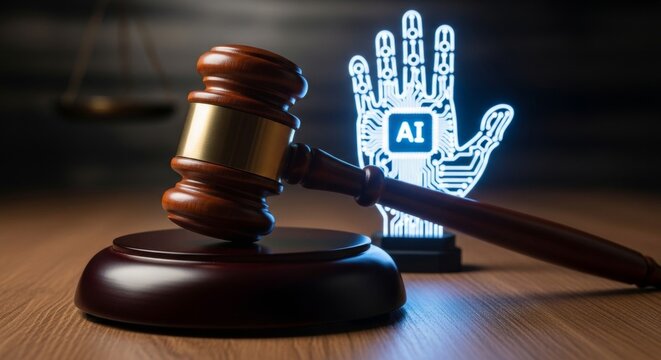 Gavel and ai symbol on wooden desk in legal technology concept image