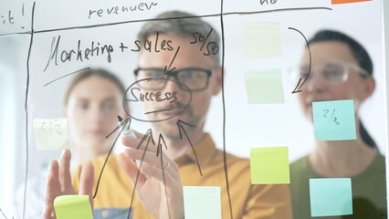 Professional team strategizing, writing collaborative notes on glass board, mapping innovative project workflow with marker