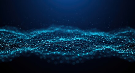 Glowing cyan digital mesh surface creates abstract wave pattern against dark background