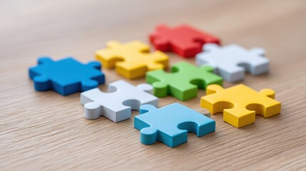 Obraz premium cross functional team collabora Colorful puzzle pieces scattered on a wooden surface, representing creativity and problem-solving.