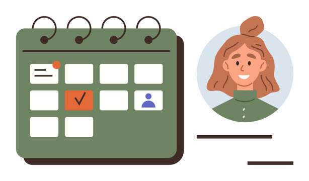 Spiral calendar with marked dates, user profile picture, and blank text lines for notes. Ideal for scheduling, planning, organization, productivity, task setting, time management simple flat