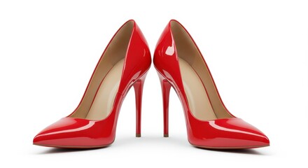 Pair of high-gloss, bright red stiletto pumps positioned opposite each other on a white background.